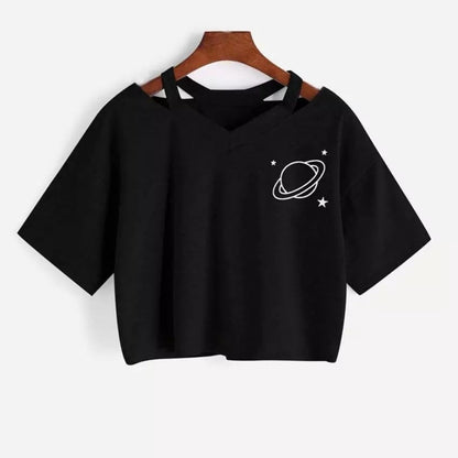 Black Planet Star Print Casual Summer Crop Top Short Sleeve Tee Shirt T-shirt Top E-Girl Kawaii Korean Japanese Harajuku Streetwear