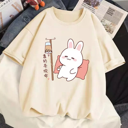 Cute Rabbit Boba Bubble Milk Tea Graphic Cartoon Print Loose Short Sleeve T-shirt Aesthetic Casual Summer E-Girl Kawaii Korean Japanese Harajuku