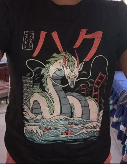 Cute Black Dragon Anime Cartoon Print Oversize Loose Short Sleeve T-shirt Aesthetic Casual Summer E-Girl Kawaii Korean Japanese Harajuku Street