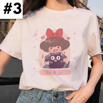 Cute Japanese Anime Cartoon Graphic Print Loose White Short Sleeve Shirt