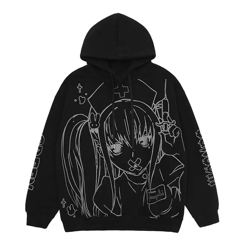 Cute Black Goth Anime Hoodie Grunge Loose Long Sleeve Shirt Aesthetic Casual E-Girl Kawaii Korean Japanese Harajuku