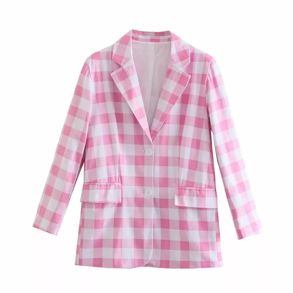 Cute 2pcs Set Vinatge Pink Plaid Blazer + High Waist Mini Skirt Suit Summer Aesthetic Casual E-Girl Kawaii Korean Japanese Harajuku