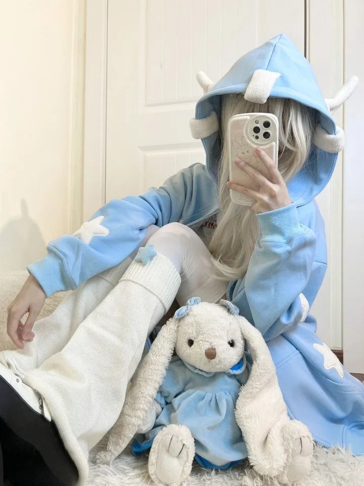 Blue Fairy Wing Horns Zipper Hoodie