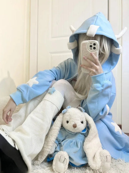 Blue Fairy Wing Horns Zipper Hoodie