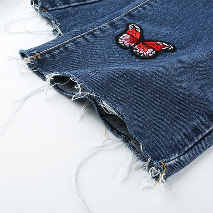 Butterfly Embroidery High Waist Denim Jeans