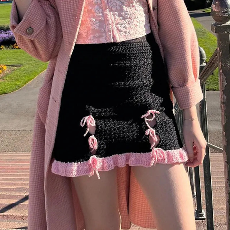 Black & Pink Knit Bow Splice Mini Skirt