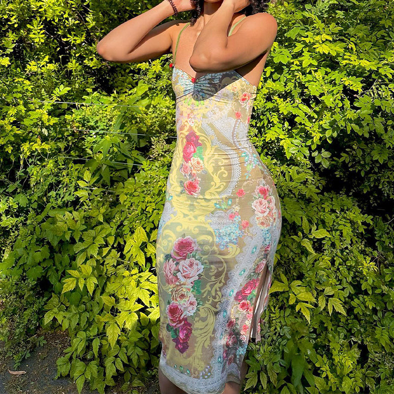 Floral Print Split Sleeveless Midi Dress