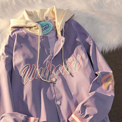 Vintage Pastel Letter Embroidery Oversized Baseball Jacket