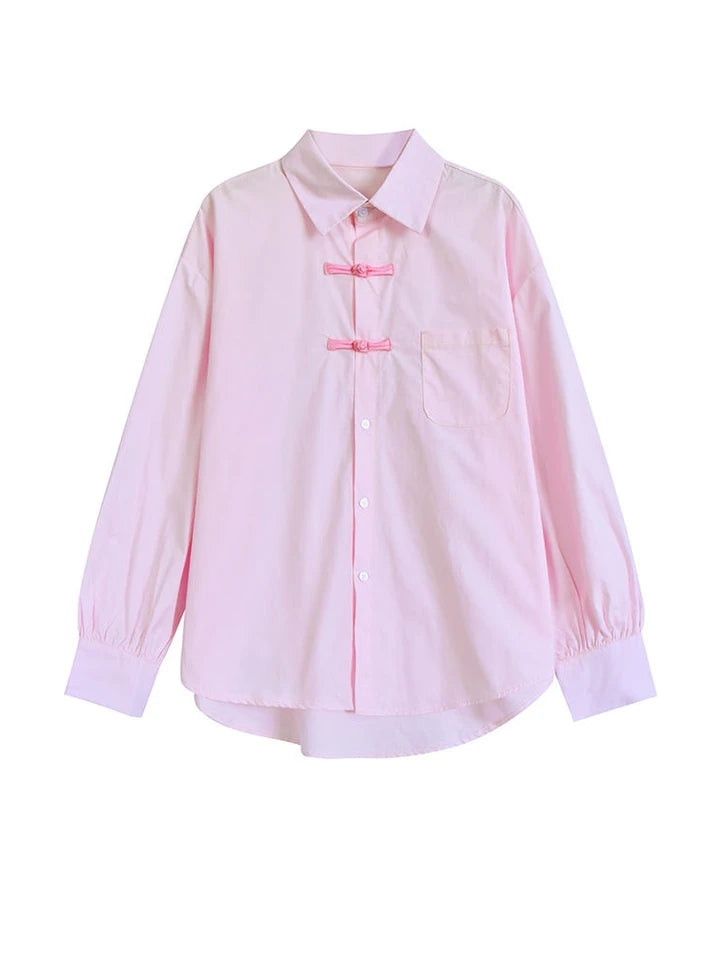 Pink Button Loose Long Sleeve Blouse