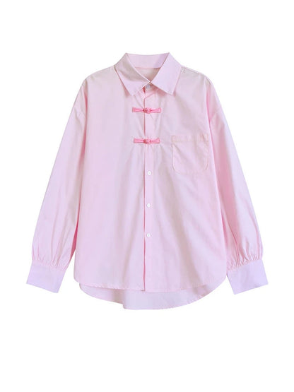 Pink Button Loose Long Sleeve Blouse