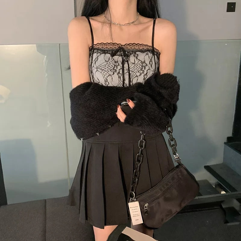 Black Lace Backless Patchwork Camisole