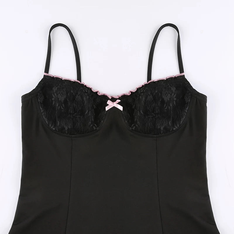Cute Sexy Black Lace Bow Patchwork Retro Mini Dress Party Club Summer Aesthetic Casual E-Girl Kawaii Korean Japanese Harajuku