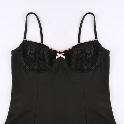 Cute Sexy Black Lace Bow Patchwork Retro Mini Dress Party Club Summer Aesthetic Casual E-Girl Kawaii Korean Japanese Harajuku
