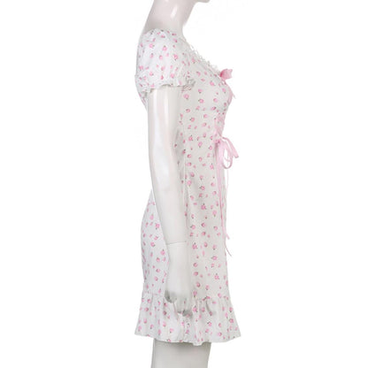 White Floral Puff Short Sleeve Lace Patchwork Mini Dress Summer Aesthetic Casual E-Girl Kawaii Korean Japanese Harajuku