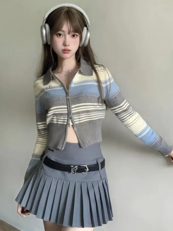 Striped Zipper Knit Cropped Jumper