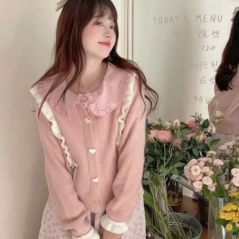 Pink Lace Up Ruffle Sweater
