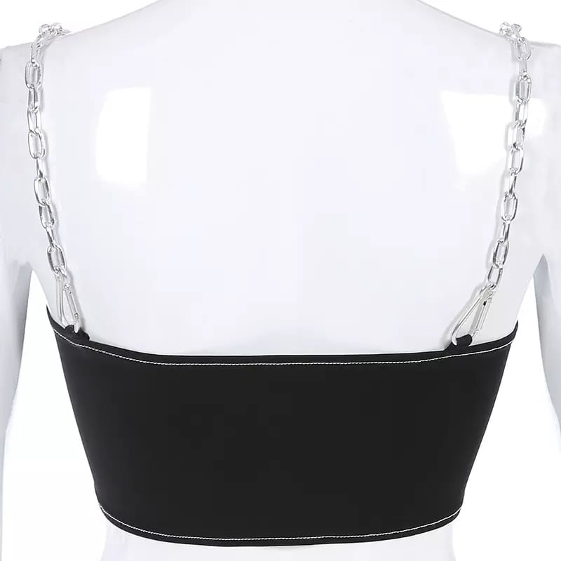 Sexy Black Goth Punk Letter Print Metal Chain Camisole Tank Crop Top Shirt Summer E-Girl Kawaii Korean Japanese Harajuku Retro Streetwear