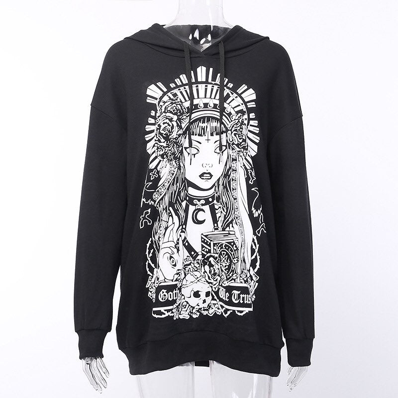Cute Black Witch Anime Girl Cartoon Print Hoodie Sweater Sweatshirt Pullover Shirt Goth Punk E-Girl Kawaii Korean Japanese Harajuku Streetwear