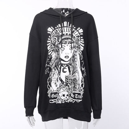 Cute Black Witch Anime Girl Cartoon Print Hoodie Sweater Sweatshirt Pullover Shirt Goth Punk E-Girl Kawaii Korean Japanese Harajuku Streetwear