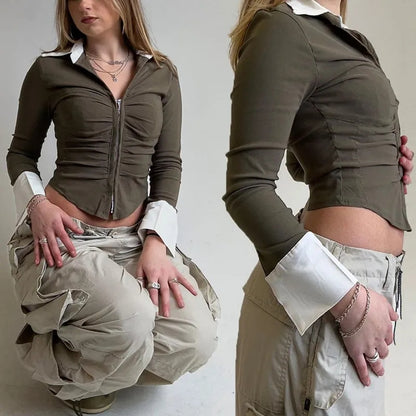 Polo Neck Low Cut Ruched Long Sleeve Crop Top