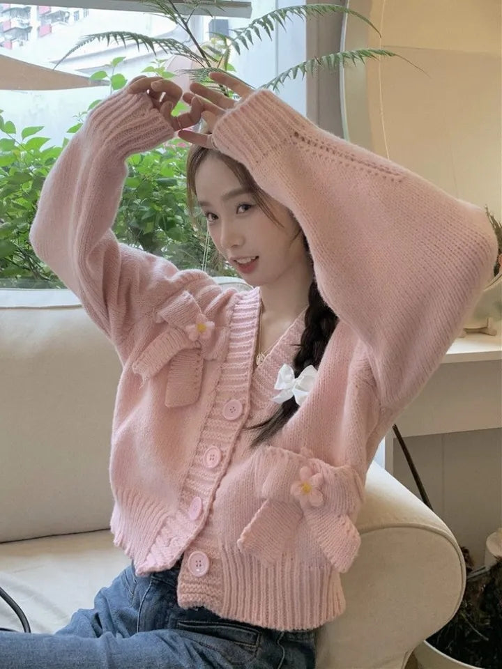 White Bow Knit Cardigan Sweater
