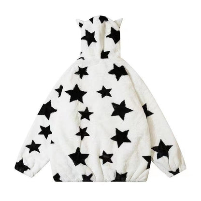 3D Star Ear Print Plush Hood Jacket