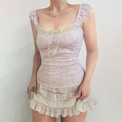 Blue Floral Lace Cottage Tank Top