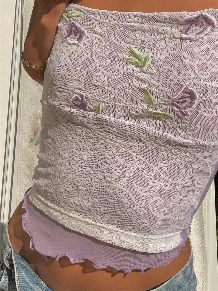 Purple Flower Embroidery Tube Top
