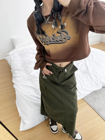 Brown Vintage Letter Print Oversized Long Sleeve Shirt