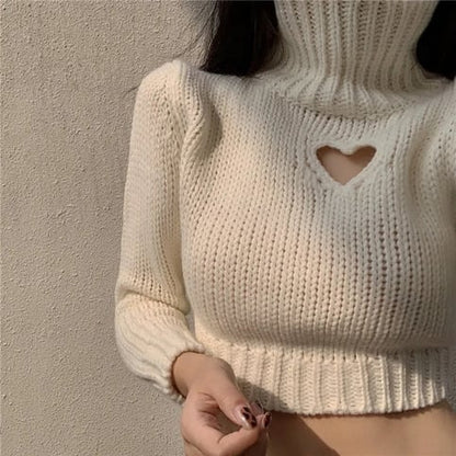 Heart Hollow Out Cropped Turtleneck Sweater