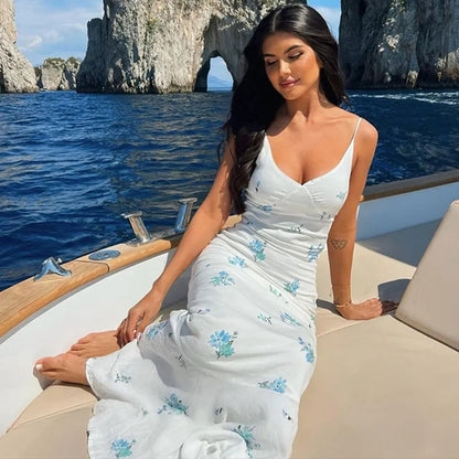 Blue & White Floral Print Spaghetti Strap Maxi Dress