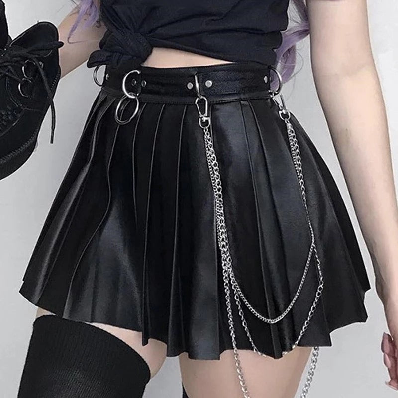 Sexy Black Goth Grunge Punk Summer Zipper Rivet Pleated PU Skirt Metal Ring Hallow Out E-Girl Kawaii Korean Japanese Harajuku Streetwear