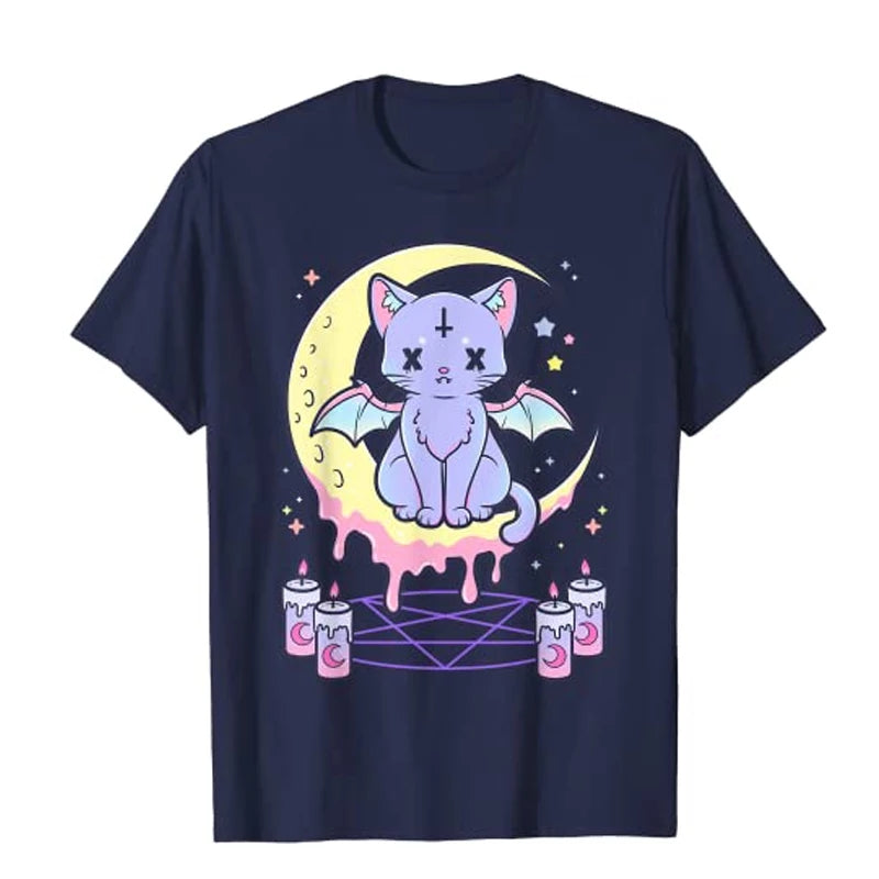 Cute Pastel Black Cat Witch Magic Moon Print Short Sleeve T-shirt Goth Punk Aesthetic Casual E-Girl Kawaii Korean Japanese Harajuku