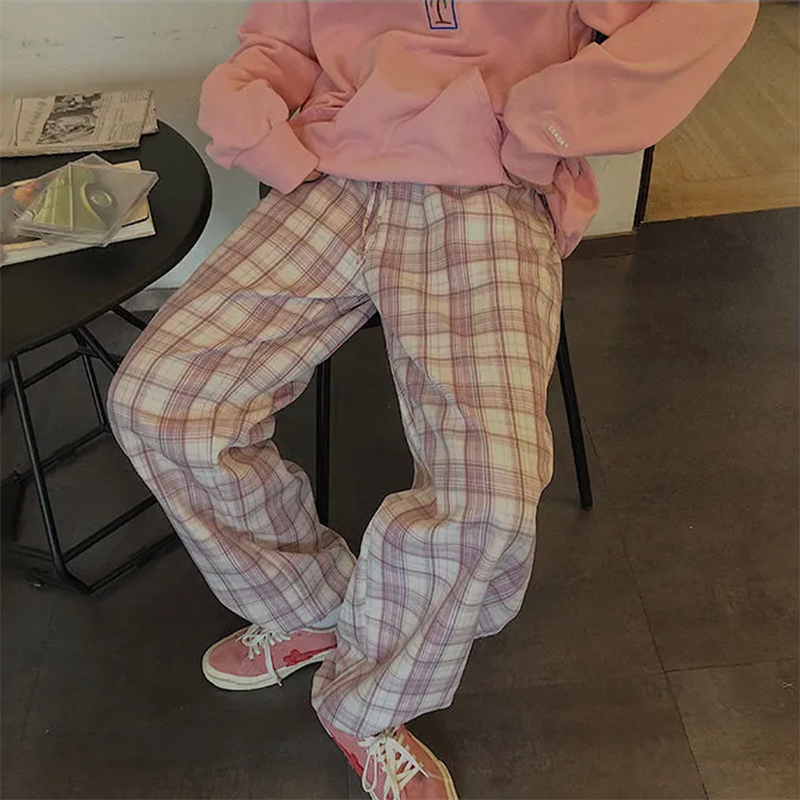 Cute Pastel Pink Checkered Plaid Pants Autumn Punk High Waisted Causal Loose Trouser Hip Hop Bottoms E-Girl Kawaii Korean Japanese Harajuku Streetwear