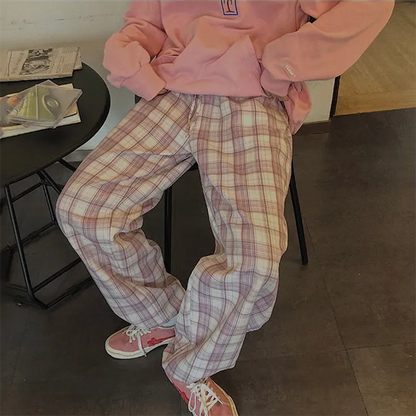 Cute Pastel Pink Checkered Plaid Pants Autumn Punk High Waisted Causal Loose Trouser Hip Hop Bottoms E-Girl Kawaii Korean Japanese Harajuku Streetwear