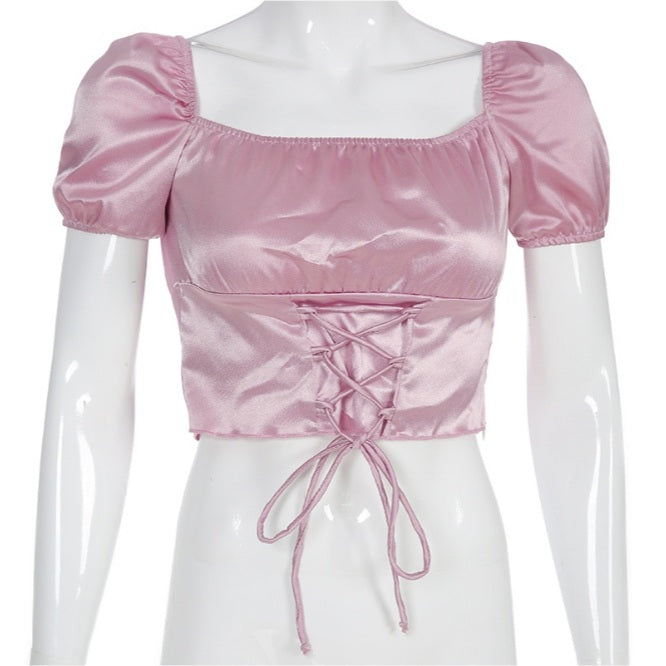 Cute Vintage Pink Silky Satin Short Sleeve Shirt Crop Top Lace Up Elegant Aesthetic Casual Summer E-Girl Kawaii Korean Japanese Harajuku