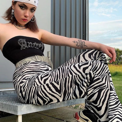 Cute Zebra Animal Print Elegant Pant High Waisted Trouser Bottoms T E-Girl Kawaii Korean Japanese Harajuku Chinese Retro Streetwear Aesthetic