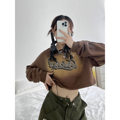 Brown Vintage Letter Print Oversized Long Sleeve Shirt