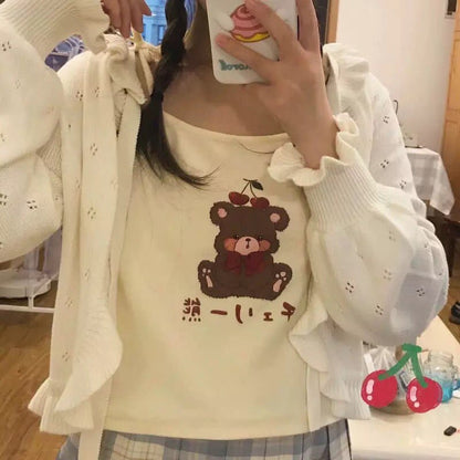 Cute Brown Bear Cherry Graphic Cartoon Print Camisole Spaghetti Strap Shirt Aesthetic Casual Summer E-Girl Kawaii Korean Japanese Harajuku