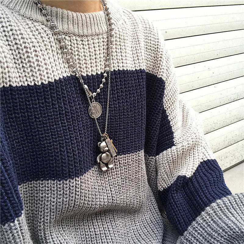 Grey Stripe Patchwork Sweater