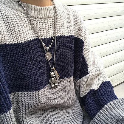 Grey Stripe Patchwork Sweater