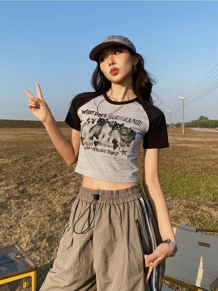 Cat Print Crop Short Sleeve T-shirt