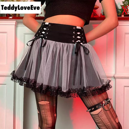 Sexy Goth Dark Punk Mesh A Line Skirt Lace Up Patchwork Ribbon Lace Trim High Waisted Summer Casual E-Girl Kawaii Korean Japanese Harajuku Streetwear