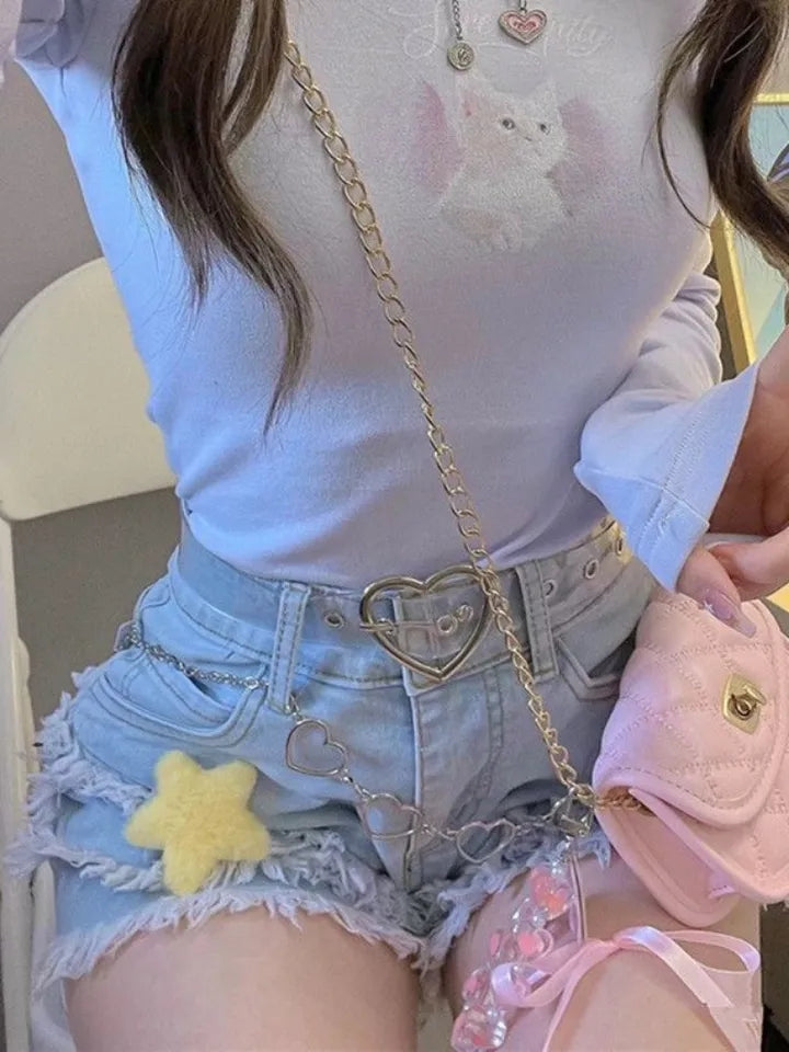 Blue Denim Ruffle Star High Waist Shorts