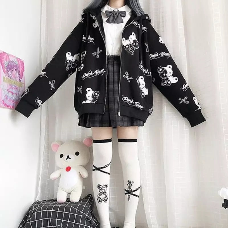 Teddy Bear Scissors Print Hoodie Zip Up Sweater Sweatshirt Long Sleeve Pullover Jumper Goth Punk E-Girl Kawaii Korean Japanese Harajuku Streetwear