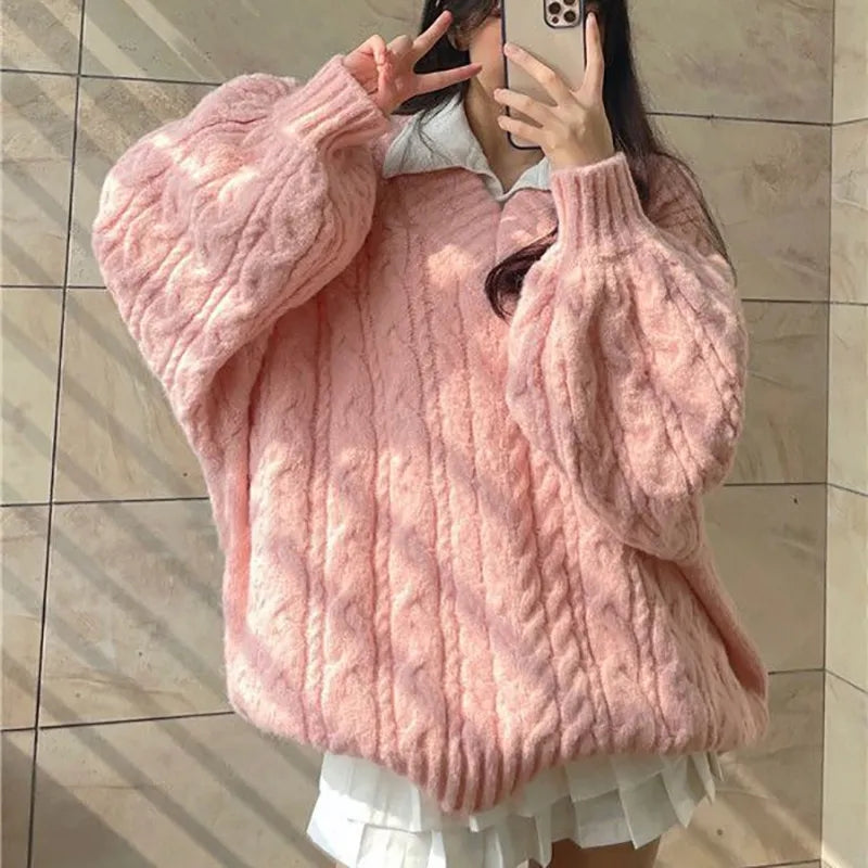 Pink Preppy Cable Knit V Neck Sweater