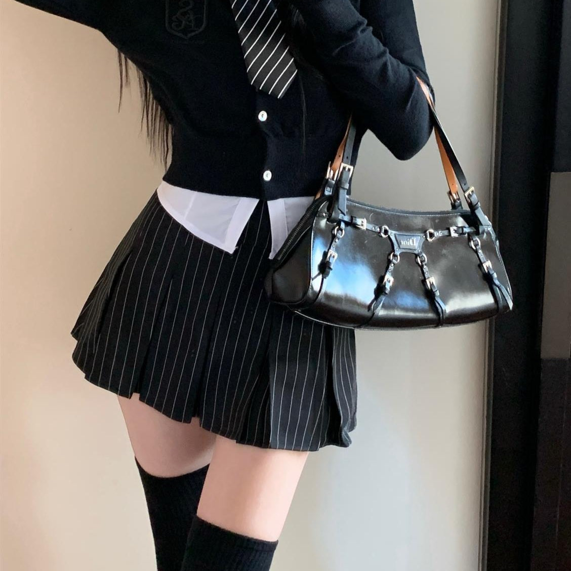 Black Stripe Pleated Mini Skirt