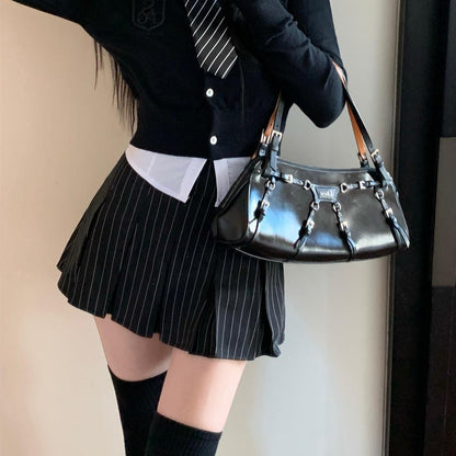 Black Stripe Pleated Mini Skirt