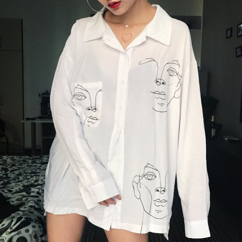 Cute Face Asymmetrical White Long Sleeve Shirt Tee T-shirt Top Blouse E-Girl Kawaii Korean Japanese Harajuku Retro Streetwear Aesthetic