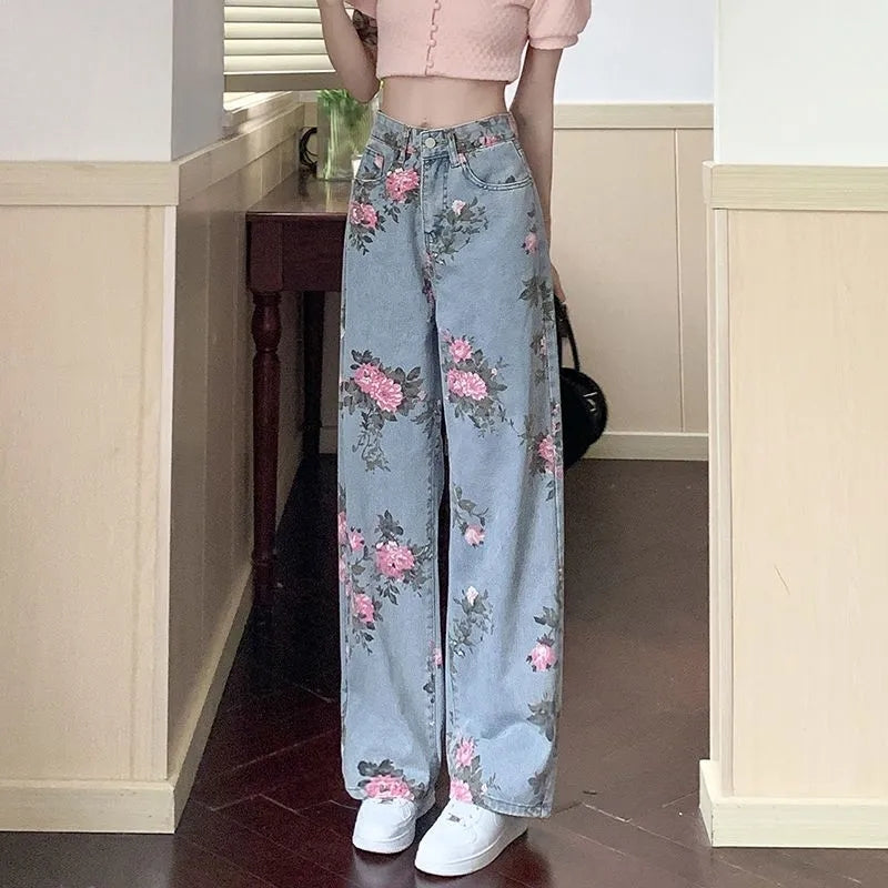 Flower Print Blue Denim Jeans